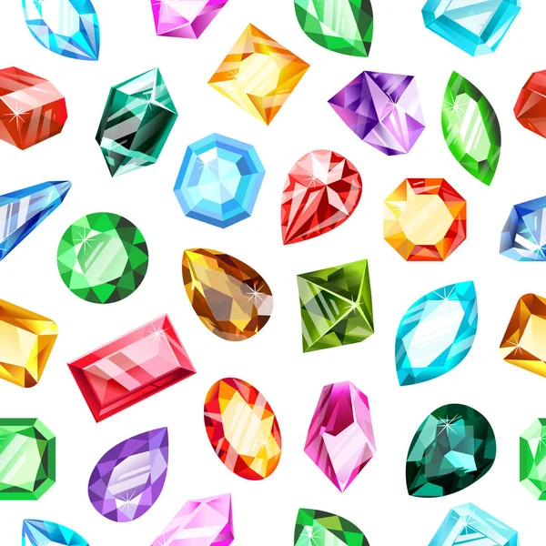 Patrón de joyas. Gemas de cristal, piedras preciosas juego de joyas, lujo brillante, zafiro y rubí gemas sin costura vector de fondo — Archivo Imágenes Vectoriales