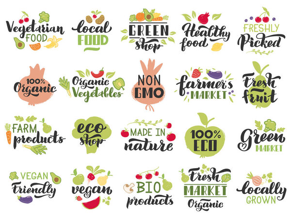 Organic fruits and veggies labels. Vegetarian fruits, vegetables lettering badges, fresh eco market vegan menu stamp isolated vector icons set