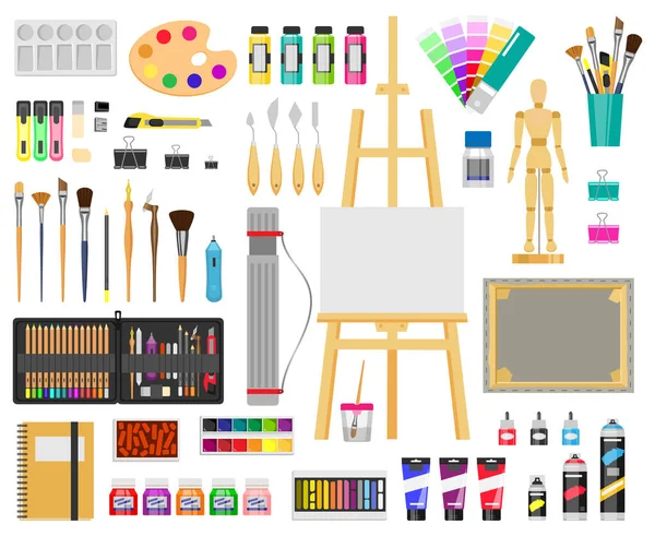 Schilderkunst gereedschap. Artistieke benodigdheden, schilder- en tekenmaterialen, penselen, verf, ezel, creatieve kunst tools vector illustratie pictogrammen set — Stockvector