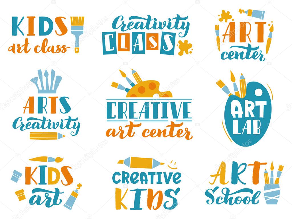 Creative art lettering. Kids art class or studio handwritten labels, children creativity center calligraphic elements vector illustration set. Art center education, paint logo artistic school