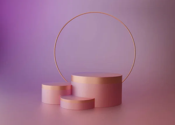 Geometrik şekilli kademeli podyum görüntüsü. Silindir ürün tanıtımı için modaya uygun arka plan üzerinde kaideyi şekillendirir. Boşluklu minimalist kavram. Modern model. 3d illüstrasyon, 3d canlandırma
