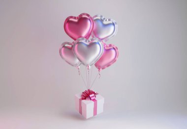 Kalp şeklinde balonları olan uçan helyum hediye kutusu. Alüminyum folyo, pembe ve gümüş renkli. Stüdyo ışıklarında balon var. Yaratıcı asgari tatil, doğum günü kartı modası konsepti veya afişi. 3d hazırlayıcı
