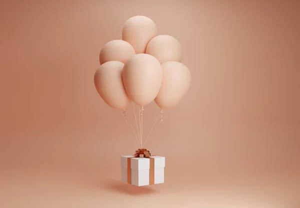 Flying helium gift box with copper ribbon and balloons. Levitating white present with balloon on beige natural studio lighting. Creative minimal holiday, birthday card concept or banner. 3d render