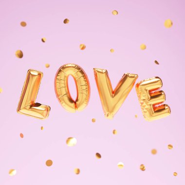 Folyo helyum balonları harfleri severim. Pastel pembe arka planda uçan altın balon ve düşen konfeti. Parlak aşk sözcüğü. Kare gerçekçi 3D görüntüleme, 3D modaName.