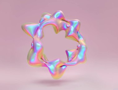 Pastel pembe arka planda holografik folyo, soyut sıvı damlacık çerçevesi. Neon 3D resimleme kopyalama alanı ile. Metin için modaya uygun minimetrik geometrik yanardöner tasarımı