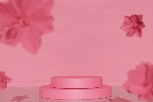 Podium Alas Dengan Bunga Merah Muda Melayang Warna Untuk Promosi Stok Gambar