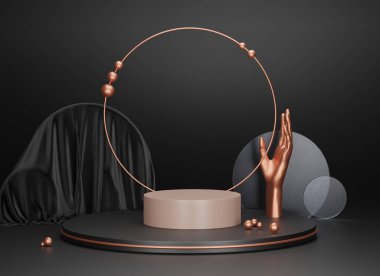 3D podyum, kaidesi altın bakır çerçeveli. Geometrik şekilli bir el. Ürün tanıtımı için siyah arka plan. Soyut platform. Art deco afişi. Kopyalama alanı ile minimalist 3d oluşturma.