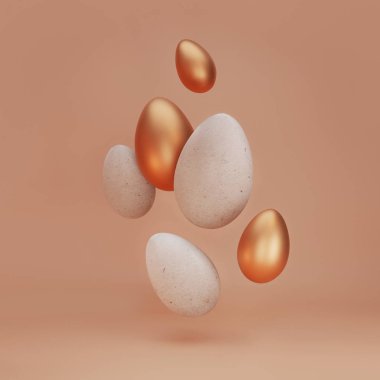 Bej arka planda 3 boyutlu yumurtalar havada uçuşuyor. Sahici ve dekoratif altın Paskalya yumurtası stüdyo arka planında havada uçuşuyor. Doğal yaratıcı kompozisyon 3D çizim illüstrasyonu