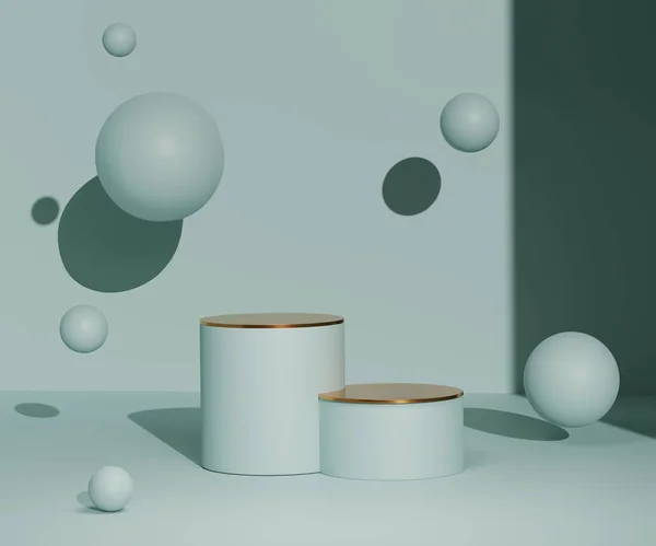 Nane mavisi pastel arka planda 3D podyum ve yükselen toplar. Yaz Minimum Tatil Ürün Tanıtım Platformu. Altınla birlikte. Sunny 3D görüntüleme ve kopyalama alanı. Sancak eğilimli illüstrasyon 