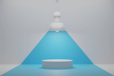  Turkuaz kirişli 3D podyum lamba. Ürün tanıtımı ya da markalaştırma için soyut beyaz ve mavi stüdyo arka planı. Moda 3B çizim modelleme.