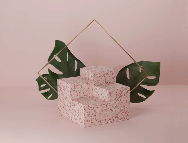 3D pedestal display box with monstera palm leaf and terrazzo on beige pink background with gold frame levitating. Trendy summer podium set 3d render illustration with copy space for branding banner.