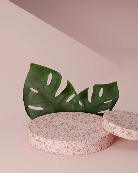 Espositore Piedistallo Podio Pietra Terrazzo Foglie Palma Monstera Sfondo Rosa — Foto Stock