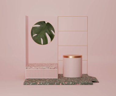 3 boyutlu kaide görüntüsü, terrazzo taş podyumu, pastel pembe arka planda canavar palmiye yaprağı. Altın elementlerle moda olan kare duruşu. Art deco Tropikal yaz soyut 3D çizim
