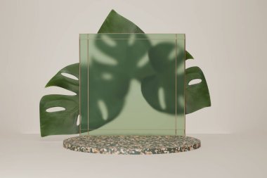 3 boyutlu kaide görüntüsü, terrazzo taş podyumu, canavar palmiye yaprakları, pastel gri arka plan. Altın elementleri ve camları olan moda bir tüp. Art deco Tropikal yaz soyut 3D çizim