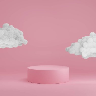 Bulutlu 3D pembe podyum. Fotokopi alanı ile ürün tanıtımı için gökyüzü ve cennet konsepti. Tüp kaidesi minimalist moda şablonu. 3B hazırlama tasviri.