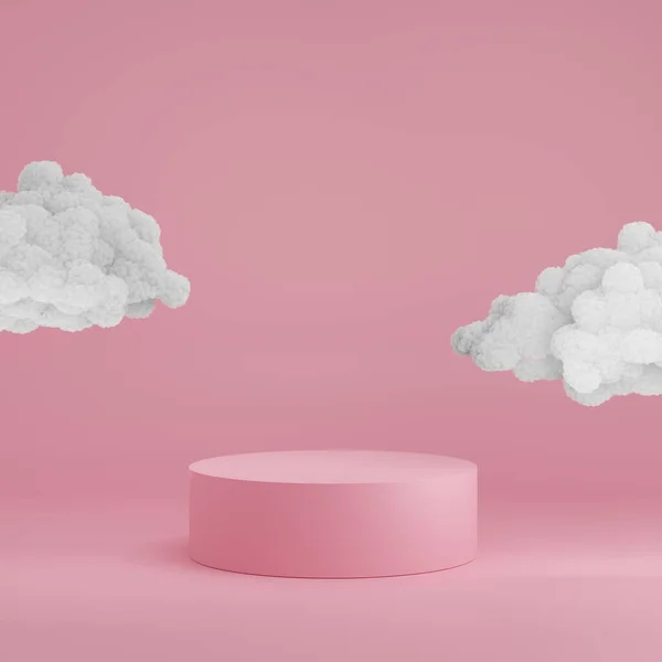 雲と3Dピンクの表彰台 コピースペースと製品プロモーションのための空と天の概念 チューブ台座ミニマリストトレンディーなテンプレート 3Dレンダリングモックアップイラスト — ストック写真