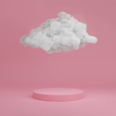 Bulutlu 3 boyutlu pastel pembe kaide görüntüsü. Fotokopi alanı olan soyut sunum podyumu. Ürün promosyonu için minimum, modaya uygun yaz şablonu. 3d çizim modelleme pankartı.