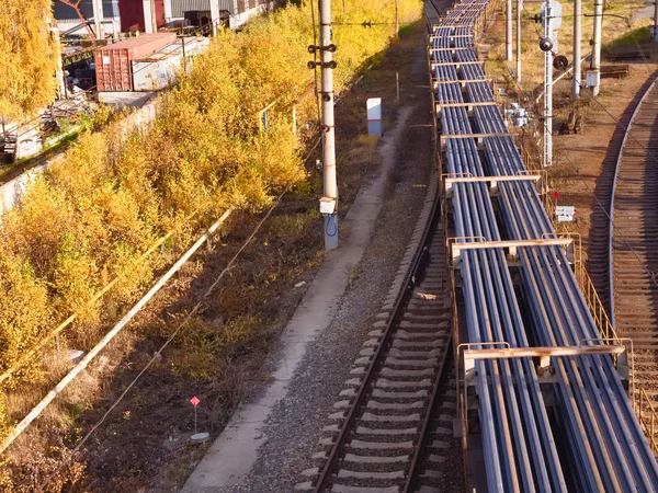 Sorting Station Freight Train Platforms Carrying New Rails Construction Railway — Stock Photo, Image