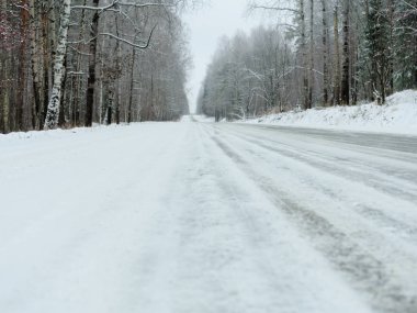 Ormandaki kırsal yol karla kaplı. Karlı bir yolda yolculuk bir kış günü ormanın içinden