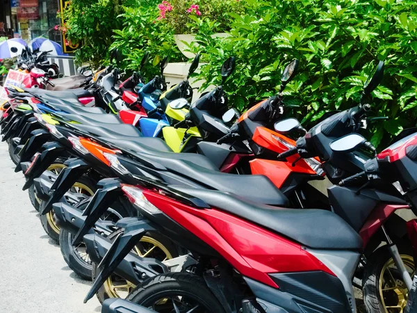 Kiralık turistler için popüler motosikletler. Konforlu ve hızlı bir seyahat için Asya 'da renkli motosikletler.