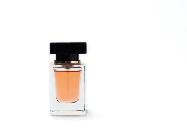 Botella Vidrio Transparente Perfume Con Cubierta Negra Aislada Sobre Fondo —  Fotos de Stock