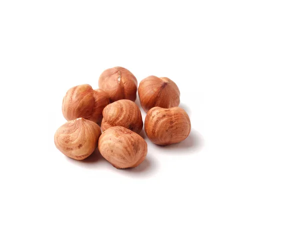 Group Peeled Hazelnut Kernels Selective Focus Isolate White Background — Stock Photo, Image