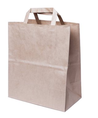 Geri dönüştürülmüş kağıttan yapılmış bir sapı olan alışveriş torbası beyaz arka planda izole edilmiş..