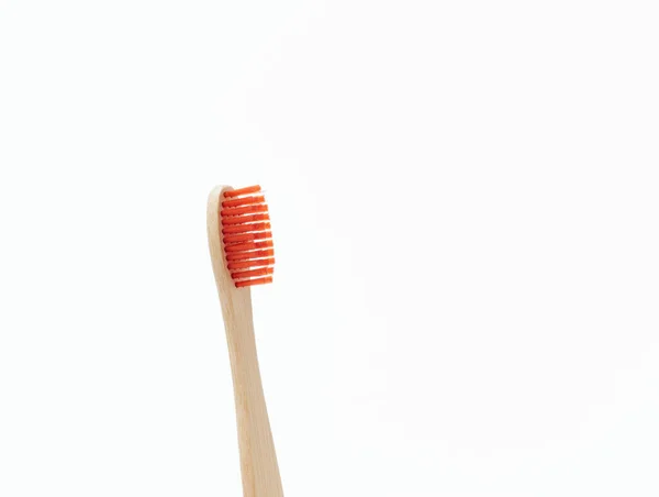 Eco Friendly Wooden Bamboo Toothbrush Orange Bristles Close Isolate White — Stock Photo, Image