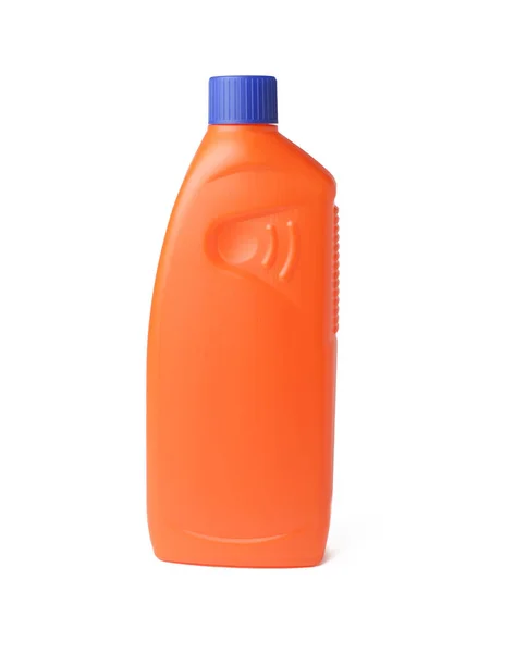 Kapalı turuncu plastik şişe temizleyici ve dezenfekte edici veya motor yağı, boş, beyaz arka planda izole