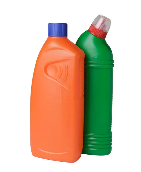 Dos Botellas Multicolores Con Agente Limpieza Antibacteriano Naranja Verde Botella —  Fotos de Stock