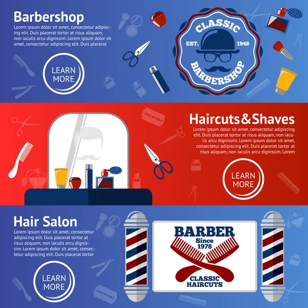 Set vettoriale di banner barbiere con accessori di toelettatura pettine, rasoio, forbice, grasso, pali ecc. — Vettoriale Stock