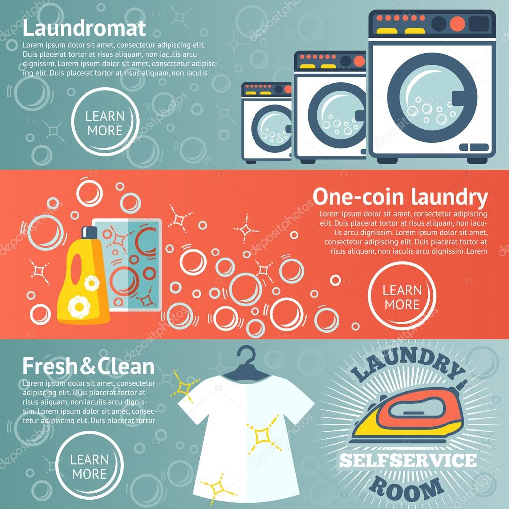 Set of Laundry banners with laundromat, detergents, iron and clothes. Vector illustration