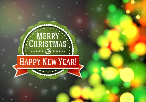 Vector vintage estilizado verde Feliz etiqueta de Navidad. Sobre fondo borroso brillante con árbol de Navidad y copos de nieve . — Archivo Imágenes Vectoriales