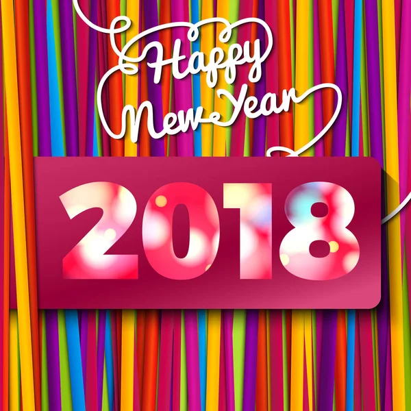 Happy New Year greeting card made from bundle of bright laces. 2018 placed on the red label. With shining glares. With free place for your text. — Stock Vector