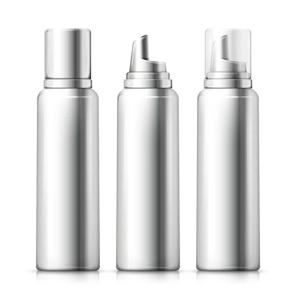 Vector set - 3d realistic silver foam bottles — Stock Vector