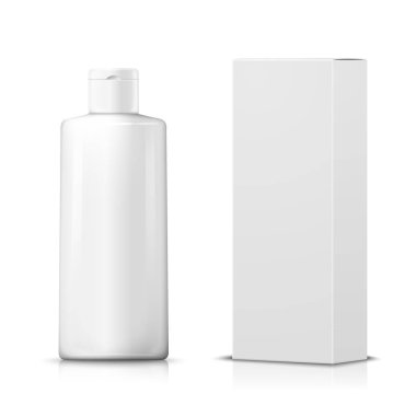 Kağıt kutusu ile 3D gerçekçi şampuan şişesi vektör