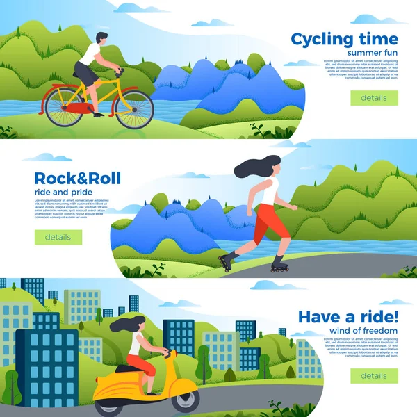Modèles de bannière avec vélo, rouleau et moto . — Image vectorielle
