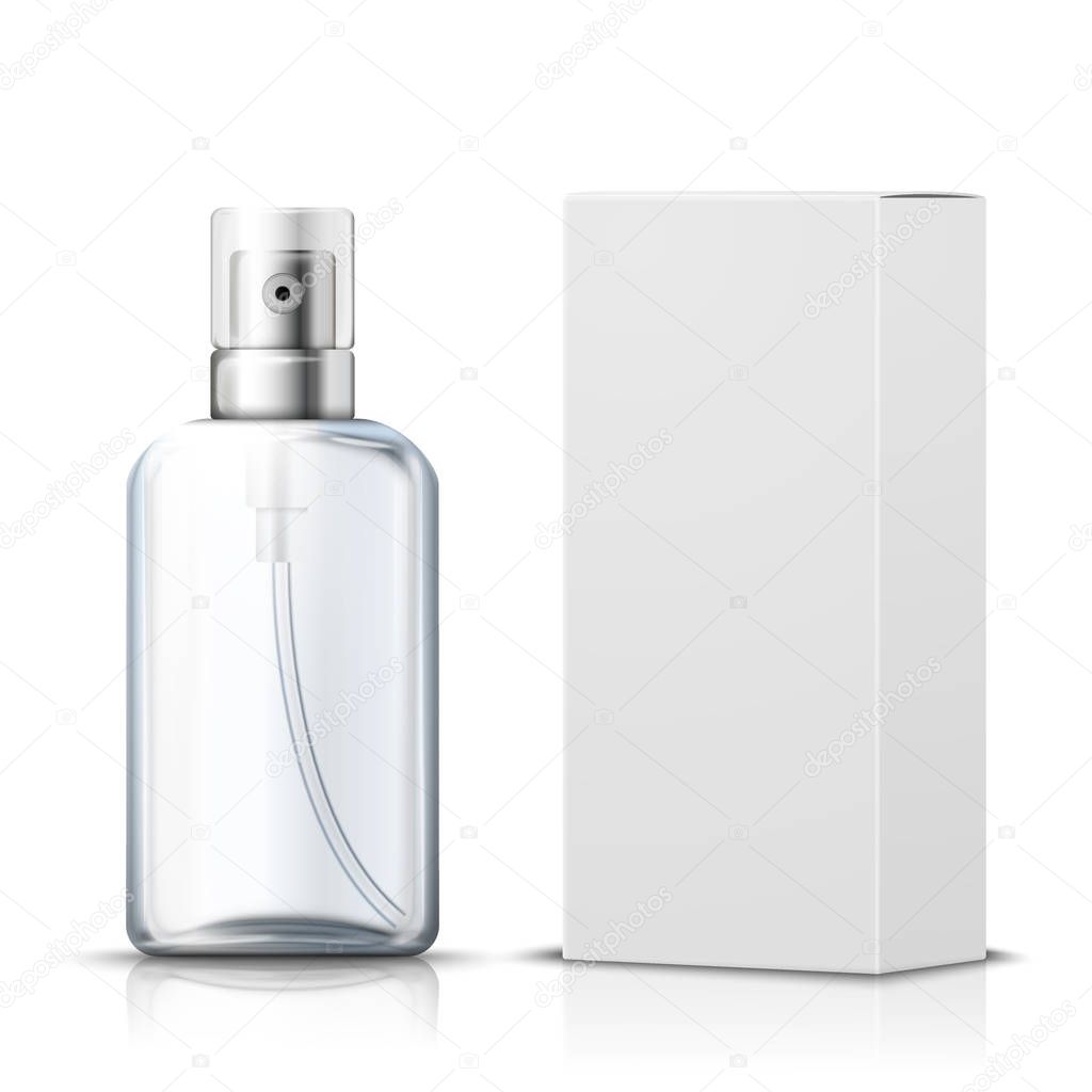 Vector 3d realistic spray bottle with paper box 