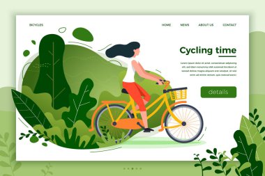 Bisiklet sürme kız. Park, orman, ağaçlar ve tepeler 
