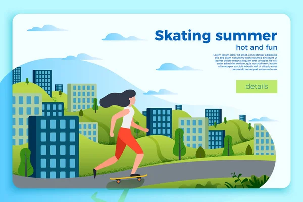 夏日滑冰横幅模板, 女孩溜冰. — 图库矢量图片