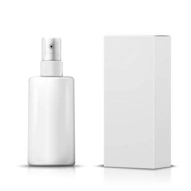 Kağıt kutusu ile 3D gerçekçi püskürtülen ilaç şişe vektör 