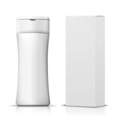 Kağıt kutusu ile 3D gerçekçi şampuan şişesi vektör