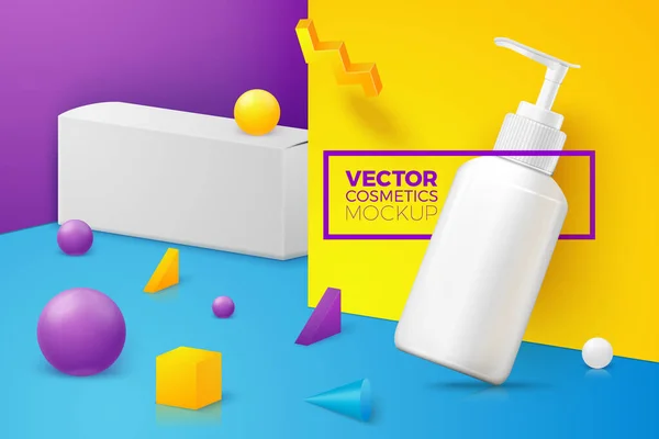 Escena vectorial con bomba botella de cosméticos, caja de papel — Vector de stock