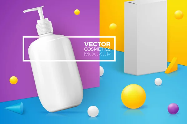 Escena vectorial con botella de champú bomba, caja de papel — Vector de stock
