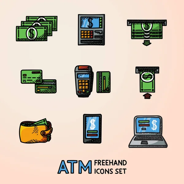 ATM doodle set bosquejo iconos máquina, tarjetas, billetera — Vector de stock
