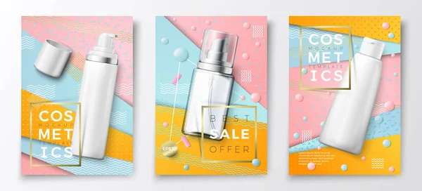 Vector 3d realista garrafas de cosméticos cartaz mockup —  Vetores de Stock