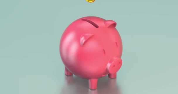 Cute piggy bank with dollar coins falling inside — Stock Video