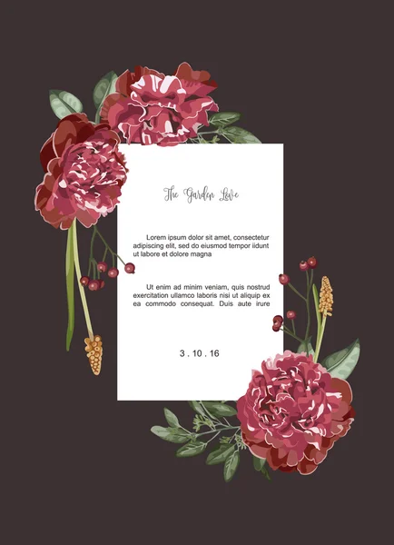 Lüks kırmızı buket çiçek davetiye ve beyaz dikdörtgen etiket, vektör çizim — Stok Vektör
