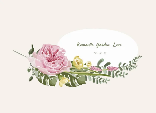 Bouquet floreale vintage romantico. Scheda fiorente e etichetta cerchio. Illustrazione vettoriale — Vettoriale Stock