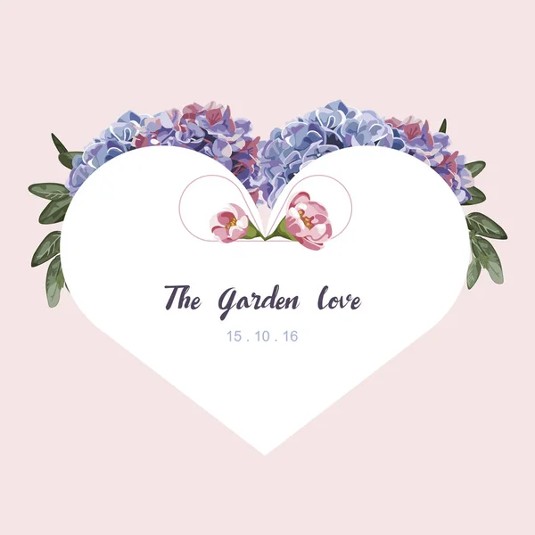 Mor ve Pembe Çiçek Bahçe davetiye, çiçek deseni ve kalp vektör — Stok Vektör